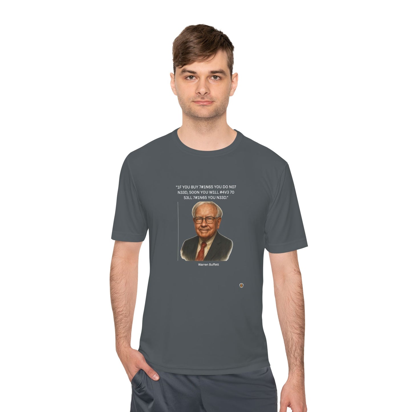 Warren Buffett Buy-Sell Leet Quote on Performance Tee